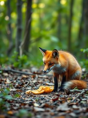 Fototapeta premium A curious fox cautiously approaches a discarded piece of food in the woods , survival, investigation