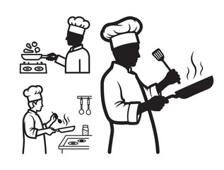 Collection stylized illustrations depicting chefs in various cooking actions, including frying and preparing food in kitchen setting