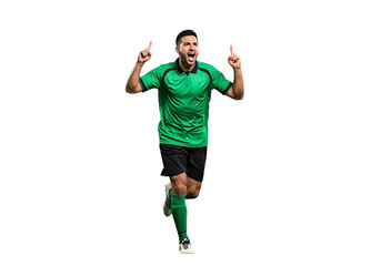 Fototapeta premium Celebrating soccer player with winning gesture and emotional expression isolated on black