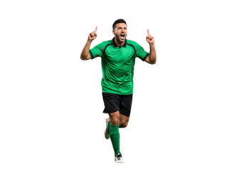 Celebrating soccer player with winning gesture and emotional expression isolated on black