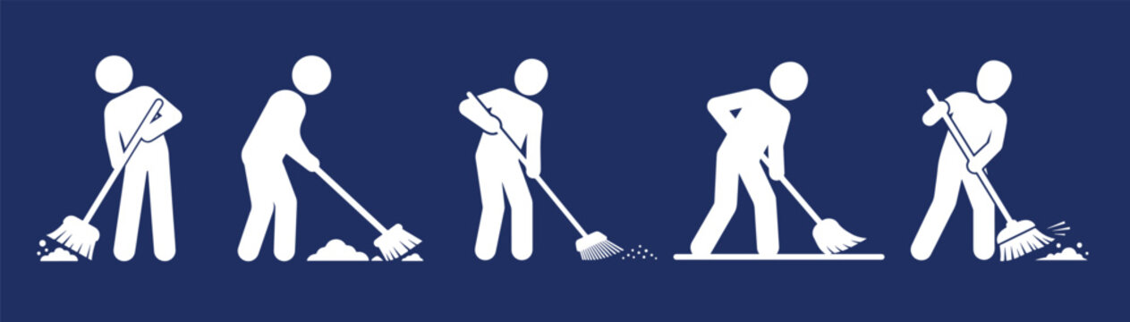Five silhouette icons on dark blue illustrating the progressive steps person sweeping the floor with broom, from start to finish
