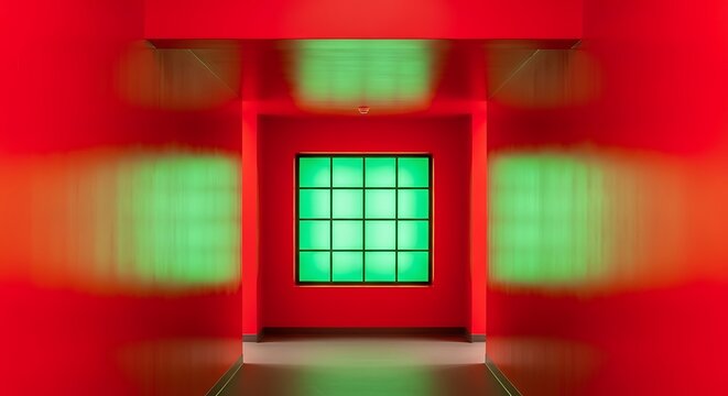 bright red hallway with green window at the end of the hallway