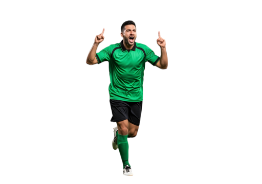 Celebrating soccer player with winning gesture and emotional expression isolated on black