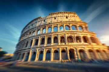 Ancient amphitheater architecture bathed in warm sunlight under a clear blue sky.