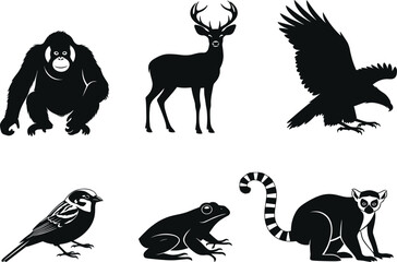 Animal silhouette set, orangutan, deer, eagle, sparrow, frog, lemur, songbird, black vector icons, wildlife illustration, stock graphic