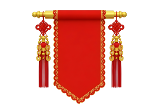 Traditional chinese red banner with golden dragon pattern isolated on transparent background