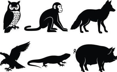 Animal silhouette set, owl, monkey, wolf, eagle, lizard, pig, vector illustration, wildlife icons, black and white, minimal design