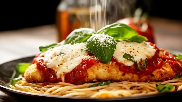 Delicious fried chicken cutlet with melted mozzarella cheese tomato sauce fresh basil and spaghetti pasta dinner meal