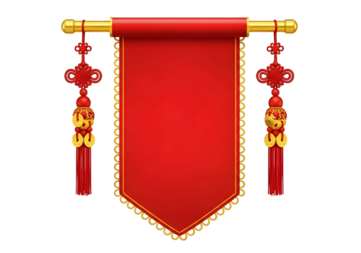 Traditional chinese red banner with golden dragon pattern isolated on transparent background