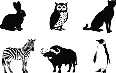 Animal silhouette set, rabbit, owl, cheetah, zebra, buffalo, penguin, wildlife vector, black shapes, bird, mammal, nature, jungle, forest, savannah, arctic animal, side profile, stock graphic, 