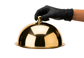 Hand in black glove holding a golden cloche isolated on transparent background