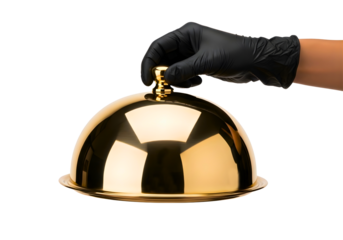 Hand in black glove holding a golden cloche isolated on transparent background