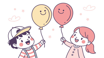 Cute cartoon illustration of a happy boy and girl holding colorful smiling balloons.