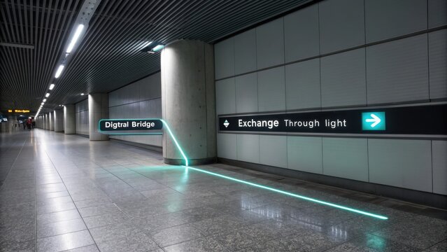 Modern urban design featuring illuminated signage guiding travelers on a digital bridge in a contemporary transport facility - Powered by Adobe