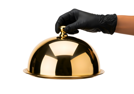 Hand in black glove holding a golden cloche isolated on transparent background