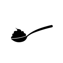 Spoon icon with yogurt, cream, paste, and jam. Black spoon silhouette symbol. Illustration of a food recipe containing cream, jam, yogurt, or paste in a single spoon.