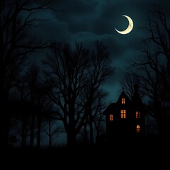 Fototapeta premium Spooky night scene with dark trees, a crescent moon, and a haunted house outline, spooky, night