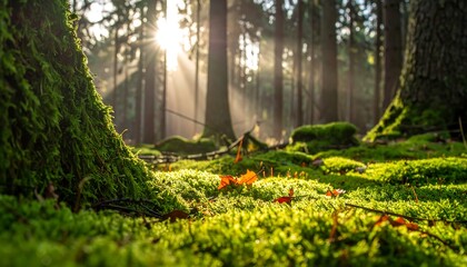 Fototapeta premium Sunlit forest floor with vibrant moss, trees, and atmospheric light rays