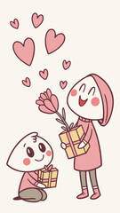 A heartwarming cartoon of a child giving a gift and a flower to a smiling mother figure, surrounded by love hearts.
