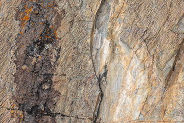 Rugged rock surface displays intricate textures and cracks, adorned with patches of lichen. Natural outdoor setting captures the essence of geological formations under bright daylight.