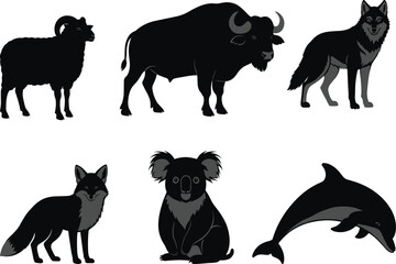 Animal silhouette set, wild mammals, vector illustration, bison, ram, wolf, fox, koala, dolphin, nature icons, wildlife, minimal design