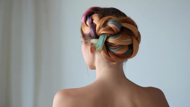 Young woman with vibrant multi colored braided hair updo showing creative hairstyle and beauty expression