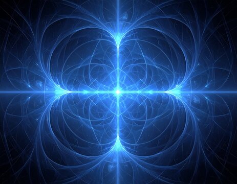Symmetrical blue and white fractal design with glowing center
