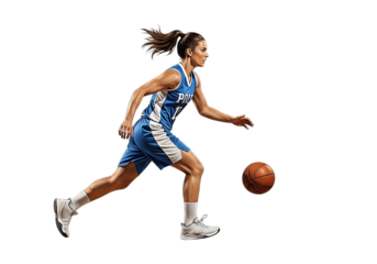 Female basketball player dribbling the ball with intense focus isolated shot
