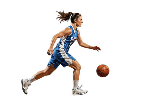 Female basketball player dribbling the ball with intense focus isolated shot - Powered by Adobe