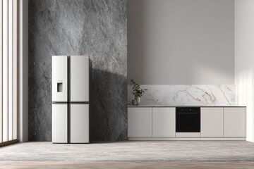 Modern kitchen with white cabinets, dark stone wall, and refrigerator.