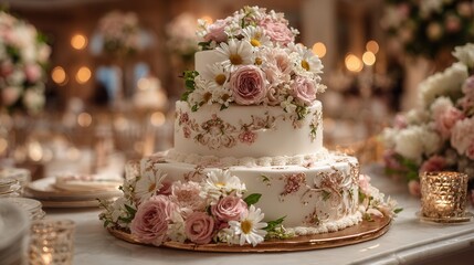 Fototapeta premium Three-tiered wedding cake with white fondant and intricate floral design