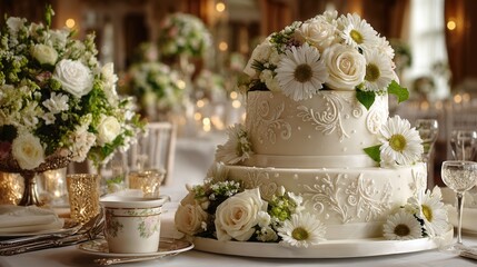 Three-tiered wedding cake with white fondant and intricate floral design