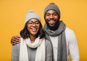 Smiling couple wearing winter hats and scarves standing close together on yellow background, warm clothing style, love, friendship and happiness, cheerful seasonal portrait concept