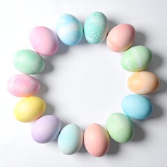 Pastel-colored Easter eggs arranged in a circle on a white background