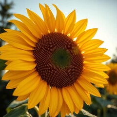 Fototapeta premium Close-up of a sunflower with its bright yellow petals facing the sun, symbolizing warmth and happiness, botanical, sunflower