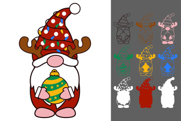 Cute Christmas Gnome with Reindeer Antlers Holding Ornament – Laser Cut SVG Papercut Holiday Vector Design