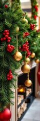 Obraz premium Festive green pine garland with red berries and gold ornaments, draped across a mantelpiece, xmas, pine