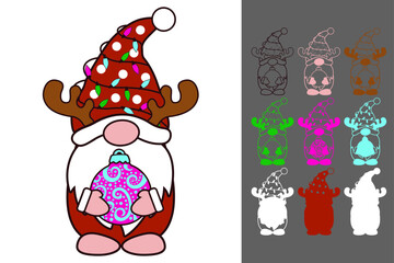 Cute Christmas Gnome with Reindeer Antlers Holding Ornament – Laser Cut SVG Papercut Holiday Vector Design
