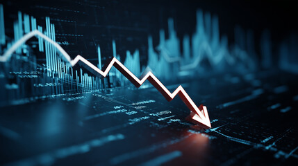 Representação visual de queda mostra gráfico de colunas com seta para baixo, evidenciando declínio de indicadores, prejuízos e baixa performance nos negócios