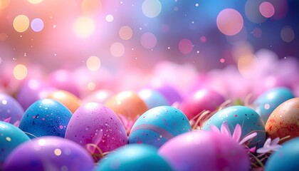 A vibrant pastel Easter scene with decorated eggs in grass, with bokeh