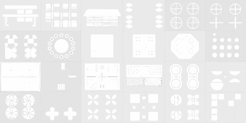 Collection of white geometric shapes and architectural elements on a light gray background