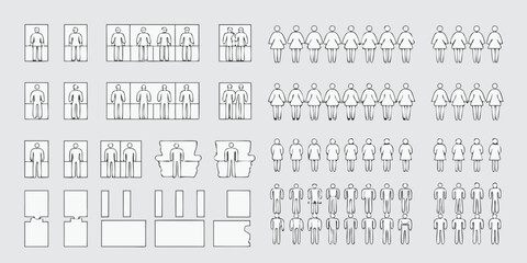 Collection of stylized human figures in various groupings and arrangements representing people and social distancing