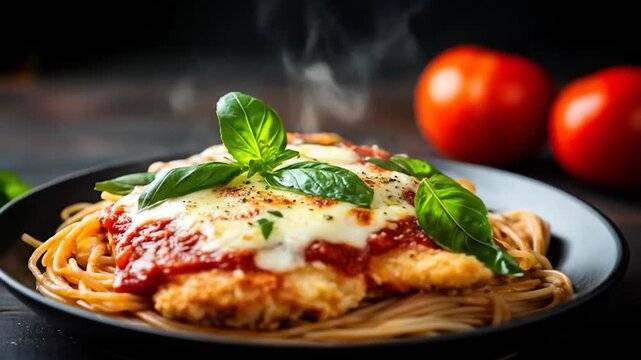 Steaming chicken parmesan with spaghetti basil and melted cheese served with fresh tomatoes and olive oil