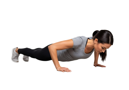 Fit woman demonstrating proper push up form on a black background