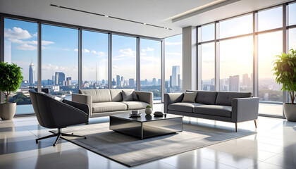 A spacious, empty apartment room in a skyscraper