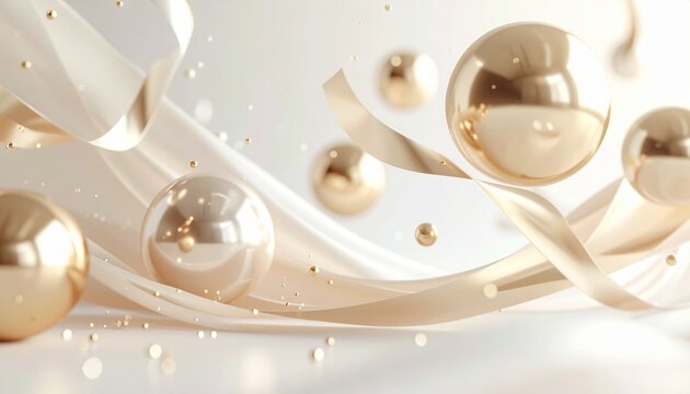 Abstract luxury background with floating golden spheres and flowing silk ribbons, a glamorous and elegant 3D rendering for celebration