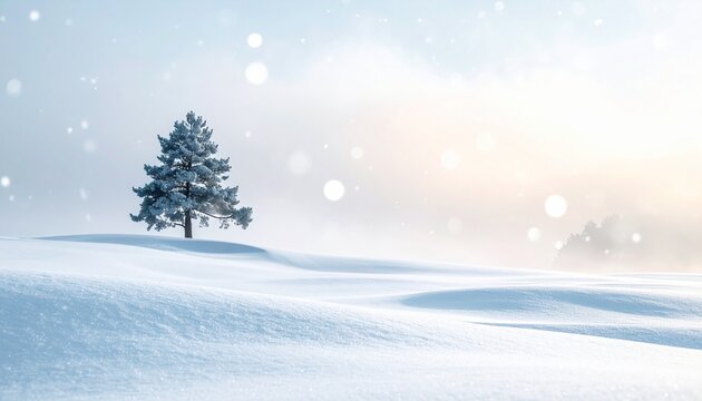 Serene Snowy Landscape with a Solitary Evergreen Tree under Falling Snowflakes and Soft Sunlight