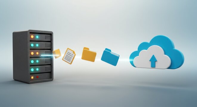 Data storage, server cabinet transferring files to cloud storage
