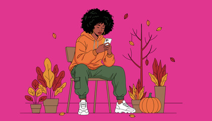 Girl in hoodie sitting using cell phone amidst fall decor Modern youth and technology