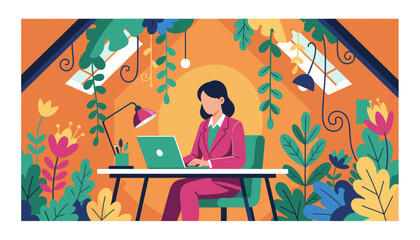 Businesswoman working on laptop in a vibrant plantfilled office Remote work and nature concept